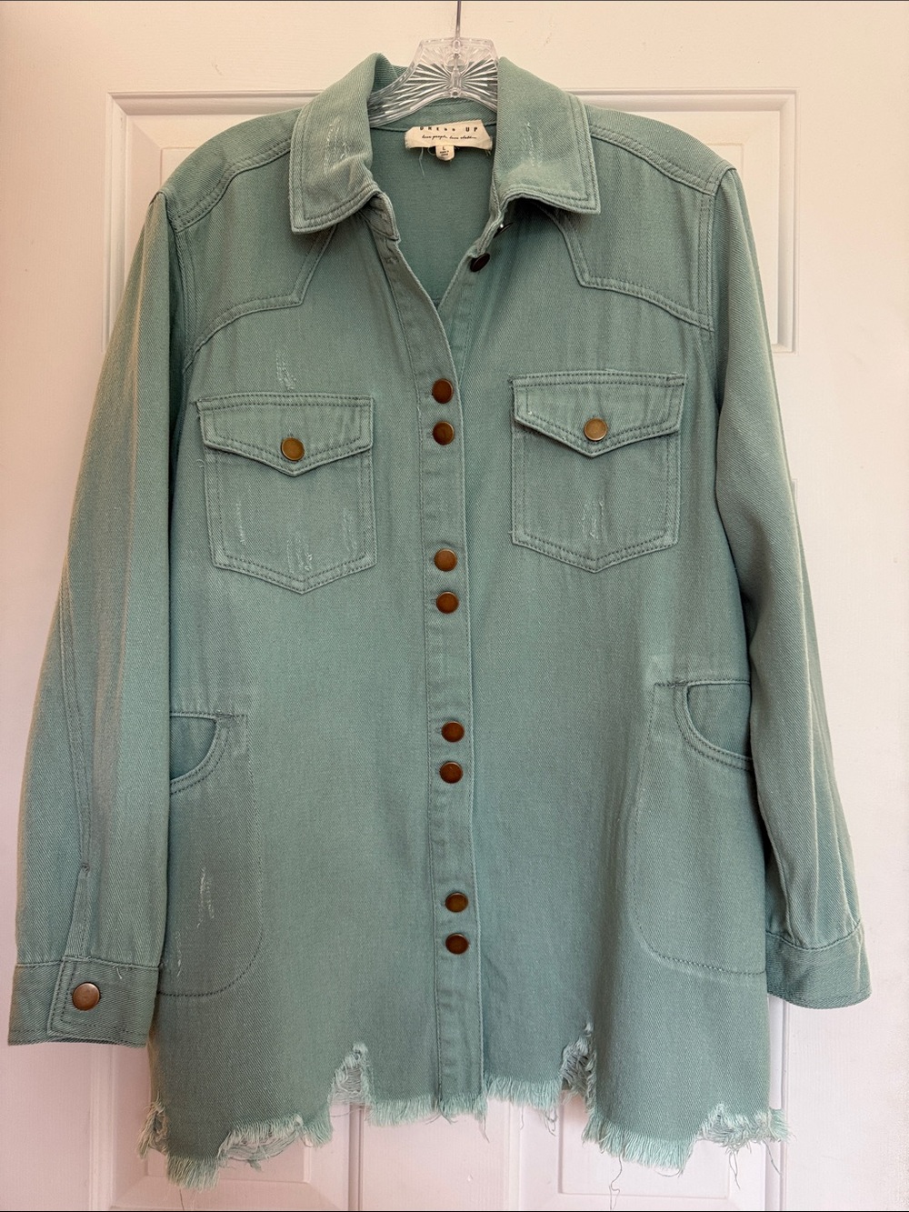 Light Green Button-Front Jean Jacket with Frayed Hem